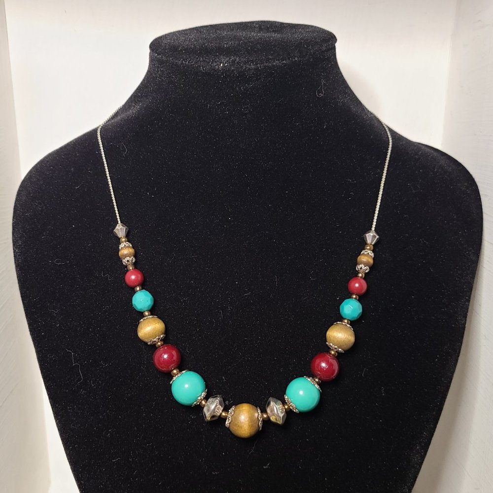 Handmade Gradient Bead Necklace Silver Tone Chain Teal Red Brown Choker Length